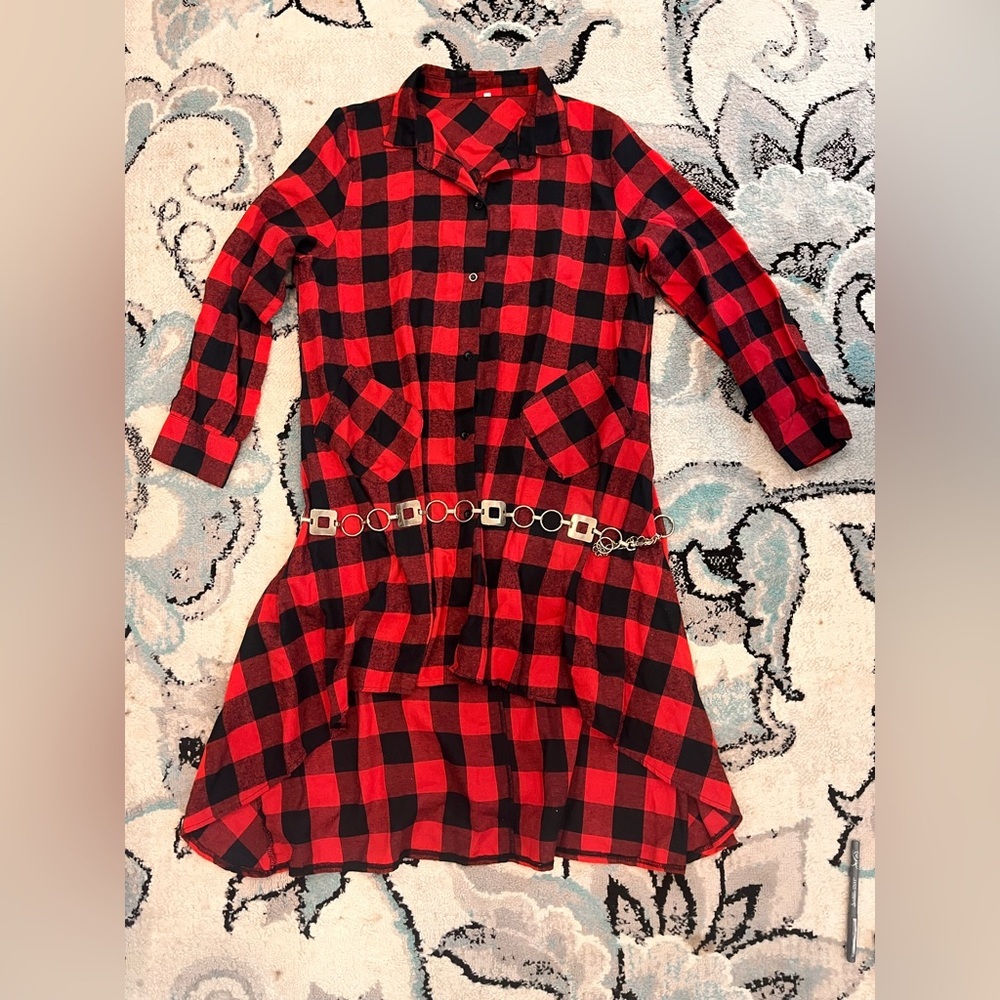 Red and Black Plaid Dress/ shirt with Belt Sz XL